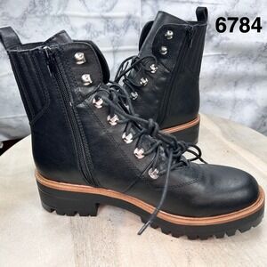 Nine West Ivona3 Combat Boots Womens 9.5M Black Faux Leather Lace Up Lug Sole